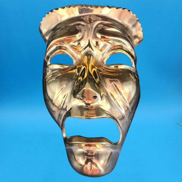 Vintage 1970s Brass Tragedy Death Mask Wall Art Gothic Theater Drama Prop Ribbon - Picture 2 of 8